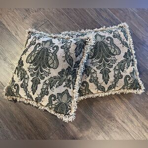 2 Beige and Dark Green Jacquard Accent Pillows with Fringe